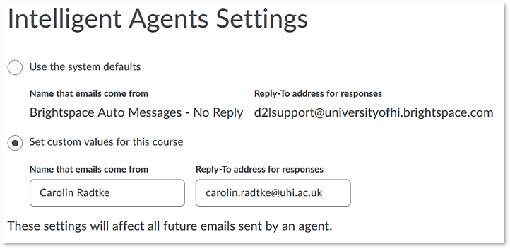 IA settings page with option to customise the email address students see when they receive an IA email